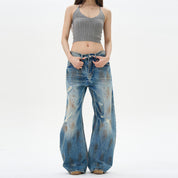 Oulang s store American style retro loose and dirty jeans men s niche design distressed cat whisker pants couple trend image 4