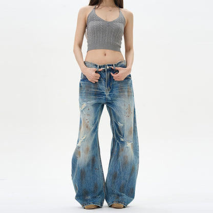 Oulang s store American style retro loose and dirty jeans men s niche design distressed cat whisker pants couple trend image 4