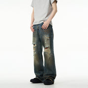 Oulang s store American style high street vintage ripped jeans men s trendy brand cool and trendy explosive street straight leg loose pants couple image 2