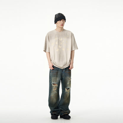 Oulang s store American style high street vintage ripped jeans men s trendy brand cool and trendy explosive street straight leg loose pants couple image 3