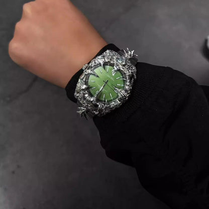 Original handmade European and American irregular green water monster dragon scale pointed tin plated watch light luxury niche design heavy industry trend image 5