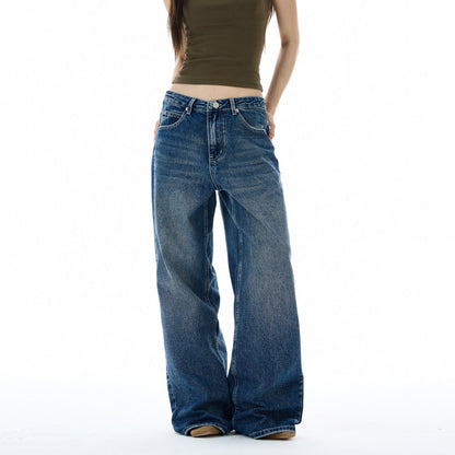 Oulang s store American high street straight tube loose wide leg jeans with men s and women s design sense fabric patch pants couple trendy brand image 3
