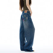 Oulang s store American high street straight tube loose wide leg jeans with men s and women s design sense fabric patch pants couple trendy brand image 5