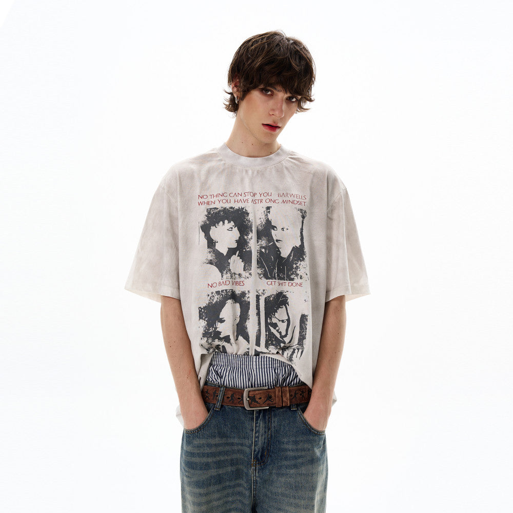 Tailang s shop American style handsome high end short sleeved T shirt men s trendy brand old wasteland style T shirt top couple trend image 1