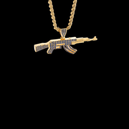 LUXTA Gold Blue Diamond Pistol Pendant Hip Hop Street Necklace Jewelry High Quality image 5