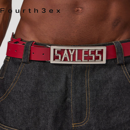 Fourth3ex 25Ss trendy sayless slogan hollow metal rectangular buckle genuine leather belt image 1