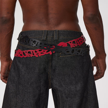 Fourth3ex 25Ss trendy sayless slogan hollow metal rectangular buckle genuine leather belt image 4