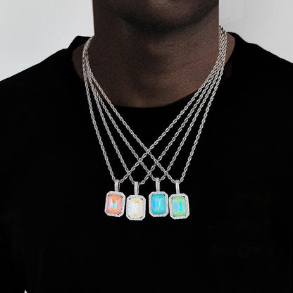 HIPUNK European and American Square Solid Zircon Colored Gemstone Pendant Cuban Micro inlaid Zircon Necklace Hip Hop Men s and Women s Trendy image 0