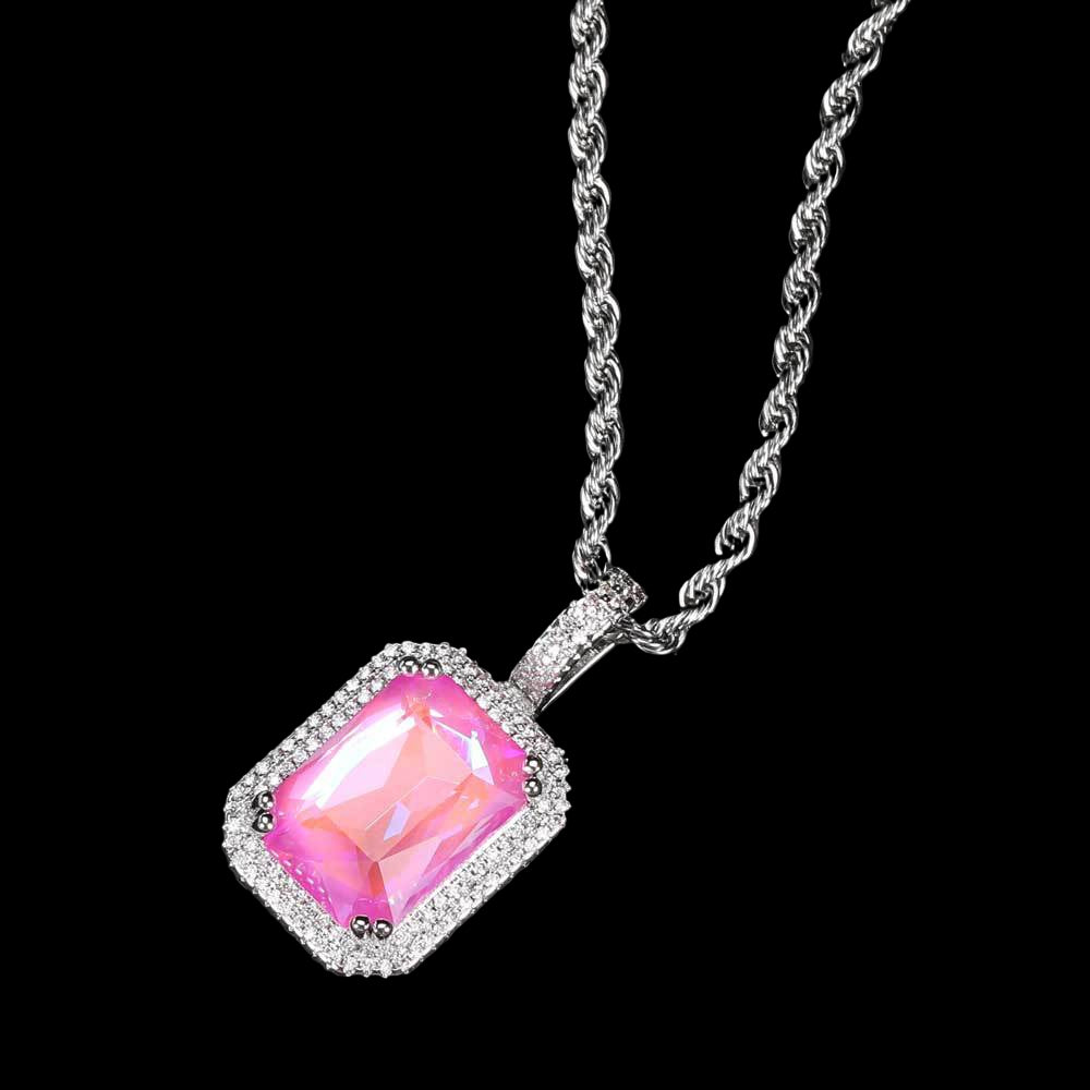 HIPUNK European and American Square Solid Zircon Colored Gemstone Pendant Cuban Micro inlaid Zircon Necklace Hip Hop Men s and Women s Trendy image 16