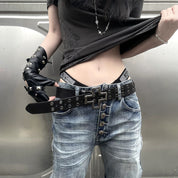 Rabbit b Yonik Retro distressed cross buckle cowhide bullet hole punk belt image 4