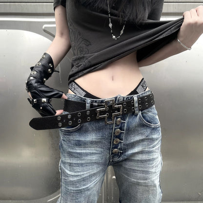 Rabbit b Yonik Retro distressed cross buckle cowhide bullet hole punk belt image 4