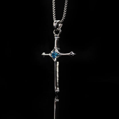 Nocturne Studio 925 sterling silver original niche simple and versatile aquamarine gemstone cross couple pendant necklace image 2