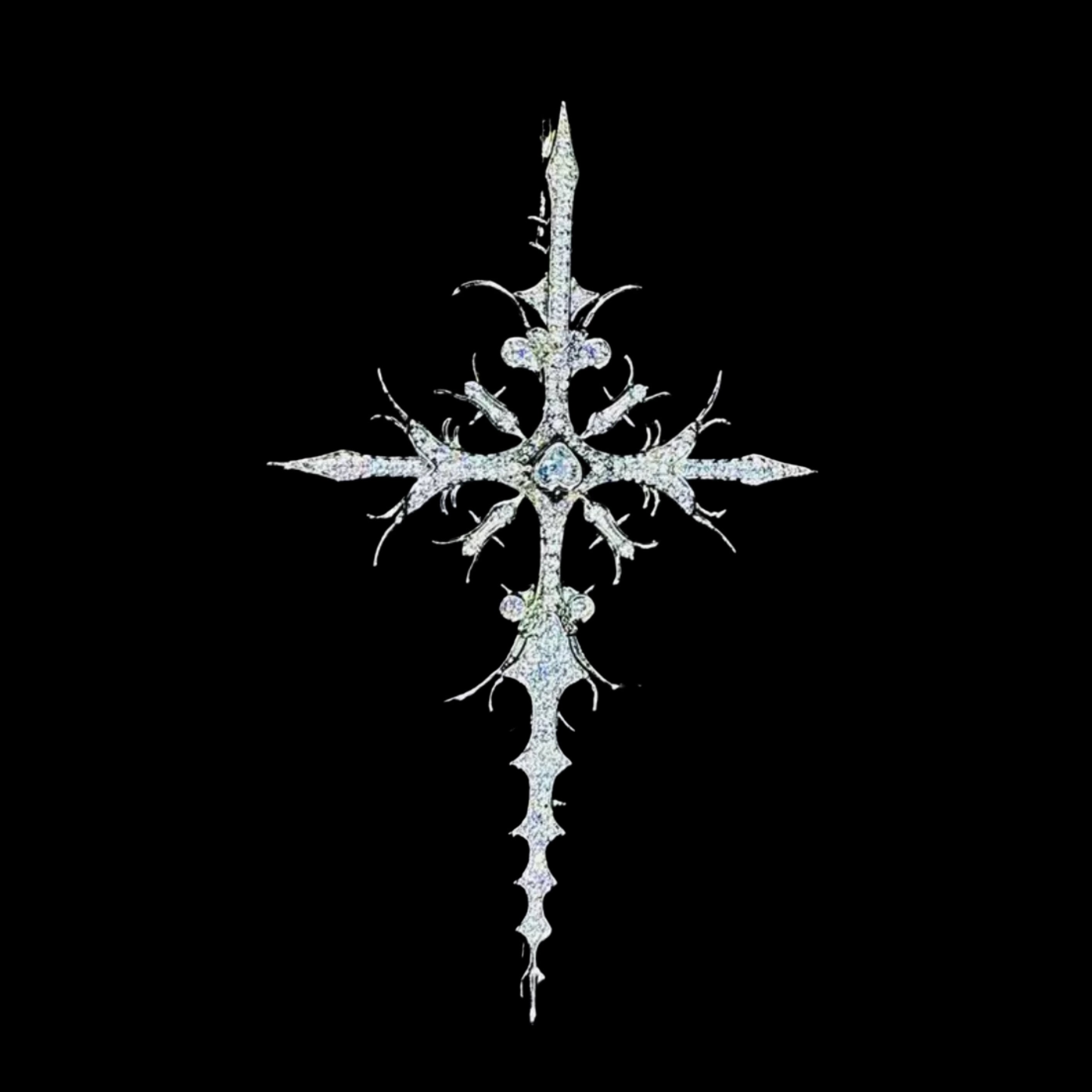 A brilliant WHITE GOLD APOSTLE NECKLACE pendant, intricately designed with a central gem and sparkling diamonds, is showcased against a dark background.