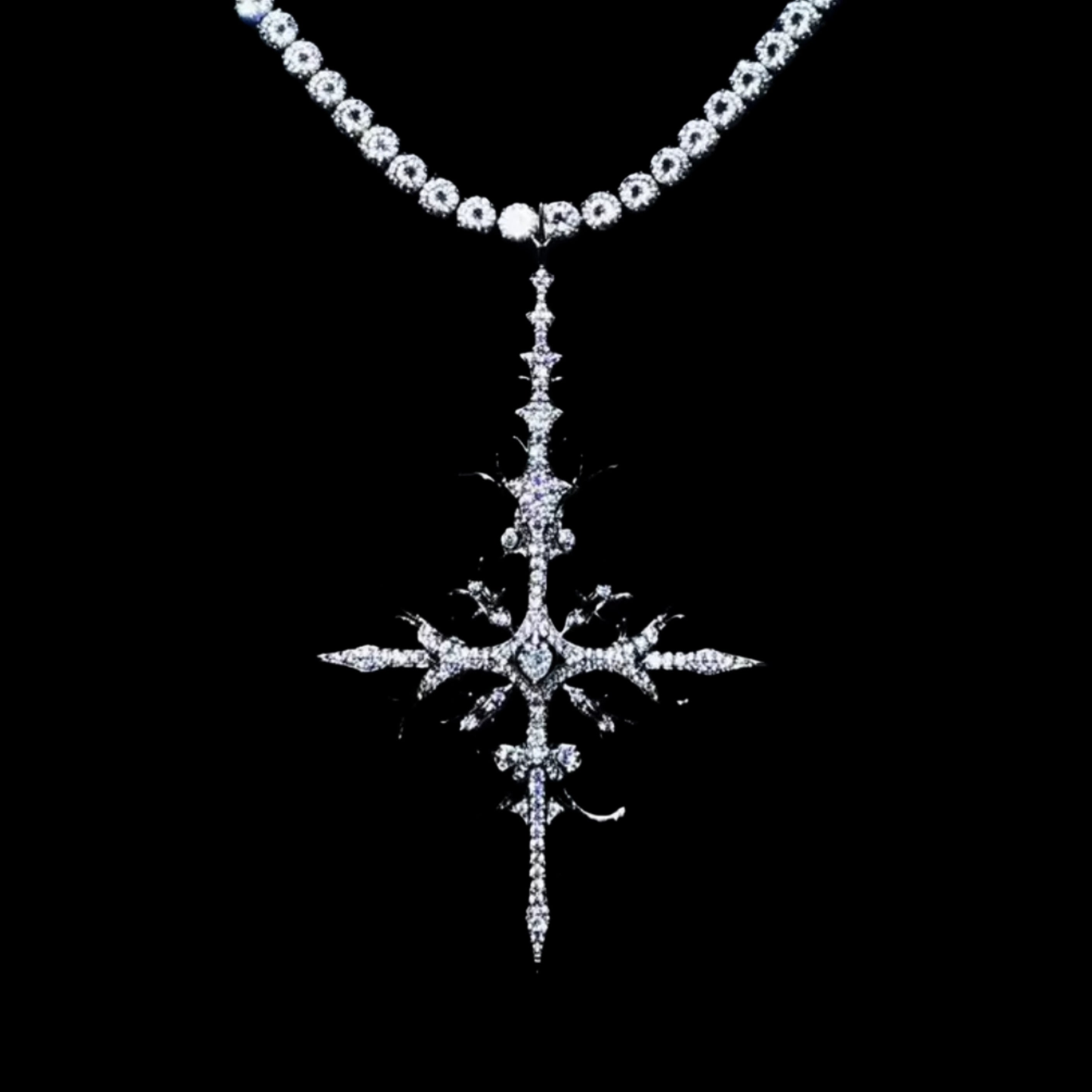 A unique WHITE GOLD APOSTLE NECKLACE, featuring an intricate, ornate cross-like pendant adorned with diamonds, hangs from a delicate diamond chain against a dark background.