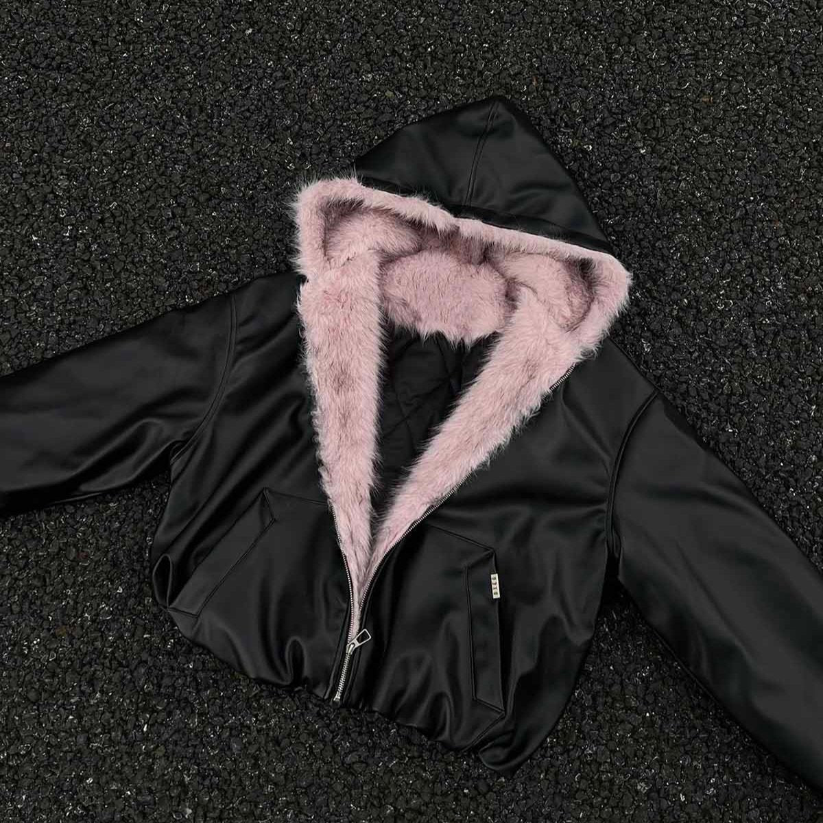 Leather Pink Fur Hooded Quilted Jacket