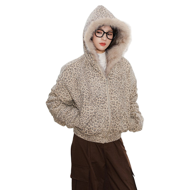Cheetah Print Mink Fur Hooded Jacket