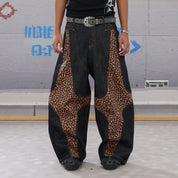 DND4DES Leopard Print Raw Baggy Denim Knife Jeans