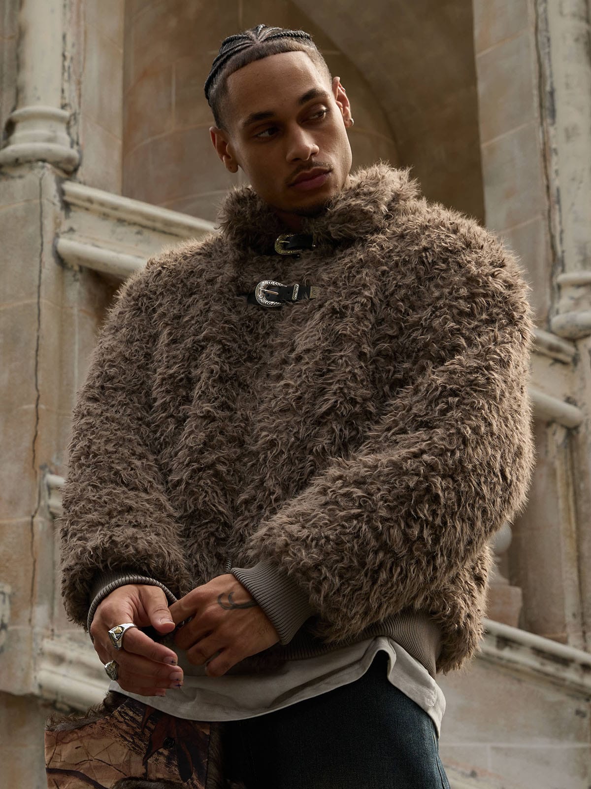"Gemini" Metal leather Faux Fur Jacket