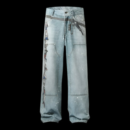 Multi Key Ink Splashed Baggy Jeans