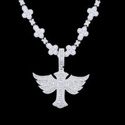 A close-up of a sparkling Winged Angel Zircon Diamond Necklace, showcasing its intricate winged angel pendant and diamond-studded chain against a dark background.