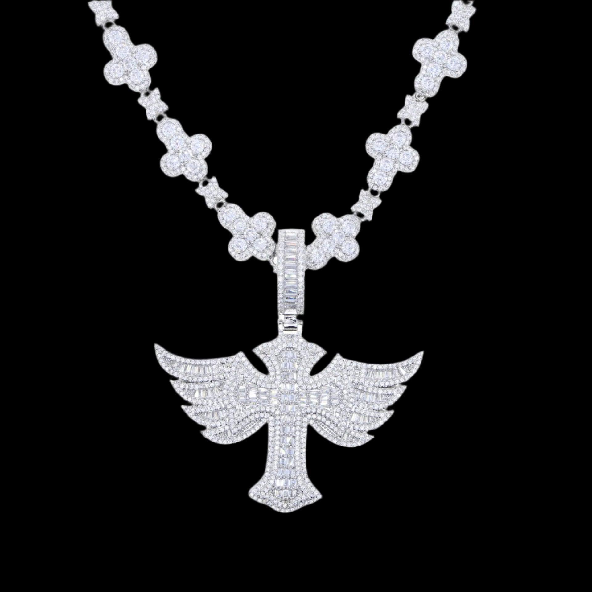 A close-up of a sparkling Winged Angel Zircon Diamond Necklace, showcasing its intricate winged angel pendant and diamond-studded chain against a dark background.