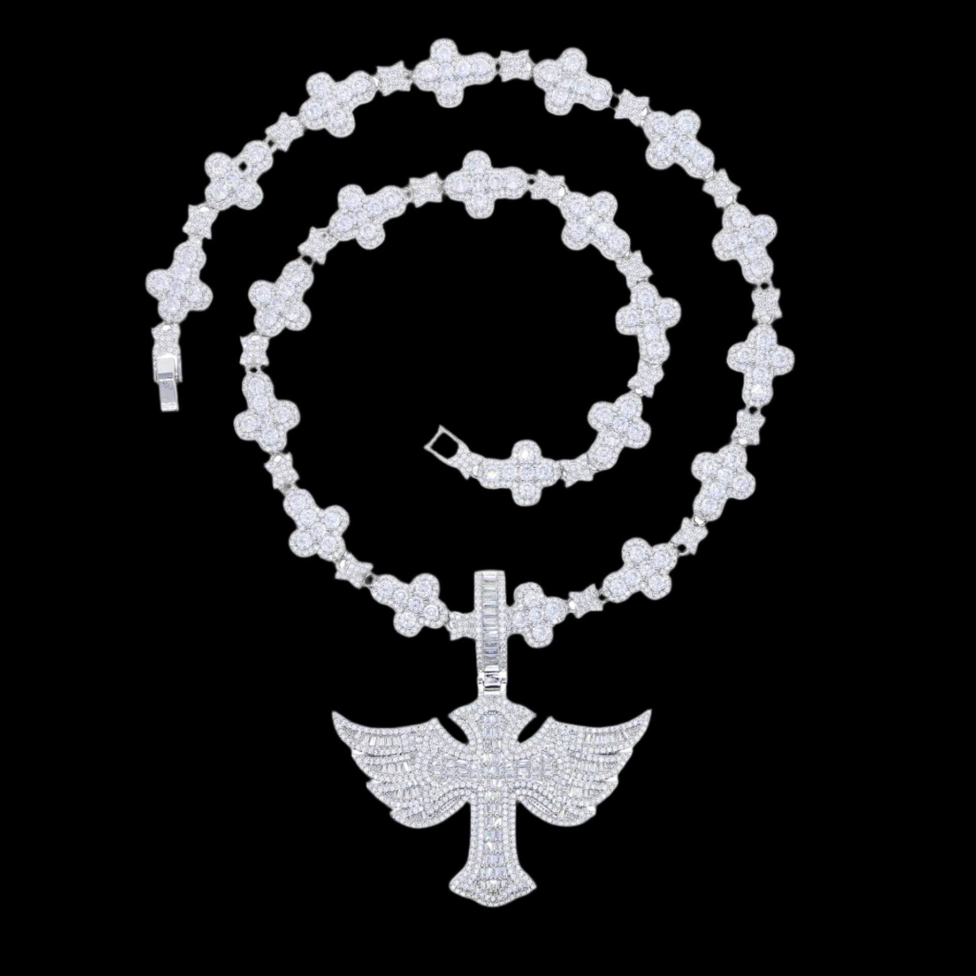 A Winged Angel Zircon Diamond Necklace with a detailed winged angel pendant hangs from a sparkling, diamond-studded chain against a dark background.