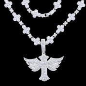 A Winged Angel Zircon Diamond Necklace, showcasing its intricate winged angel pendant and diamond-studded chain with a clasp, is prominently displayed against a dark background.