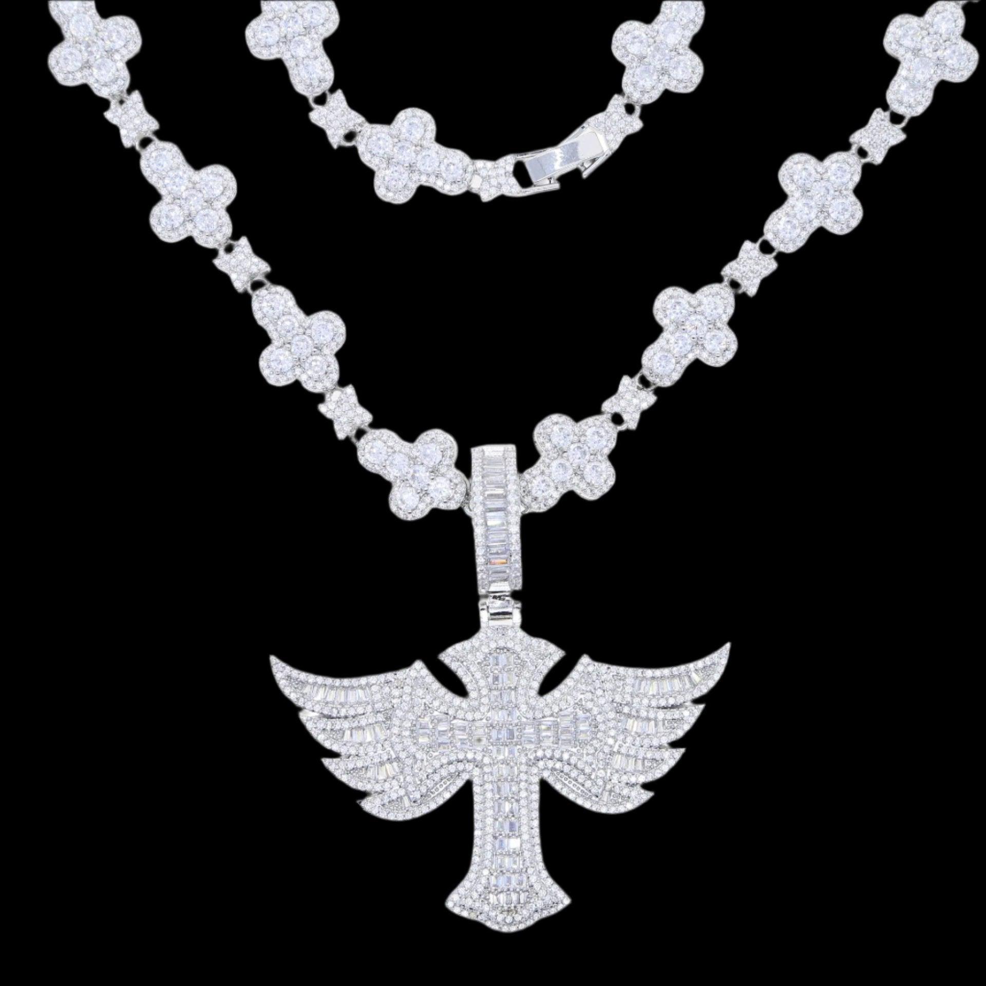 A Winged Angel Zircon Diamond Necklace, showcasing its intricate winged angel pendant and diamond-studded chain with a clasp, is prominently displayed against a dark background.