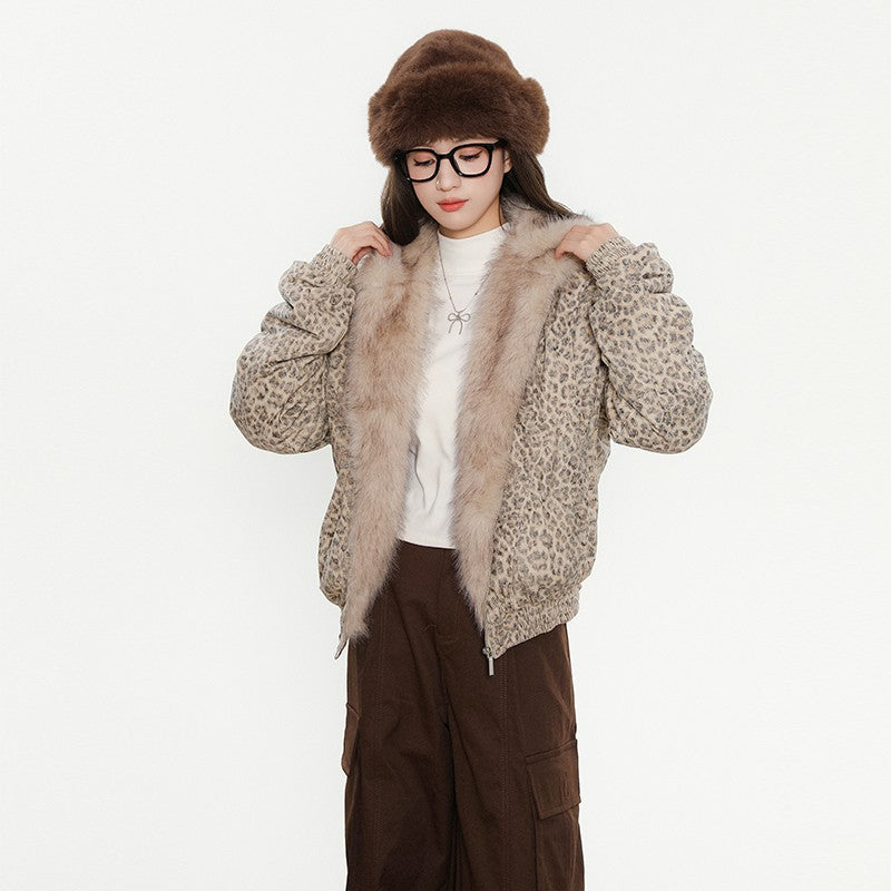 Cheetah Print Mink Fur Hooded Jacket