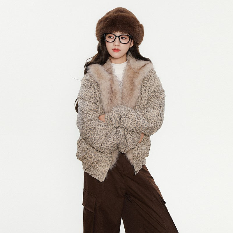 Cheetah Print Mink Fur Hooded Jacket