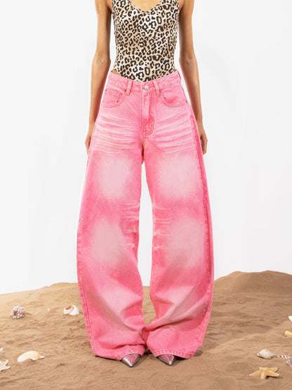 Distressed Pink Wide Leg Jeans