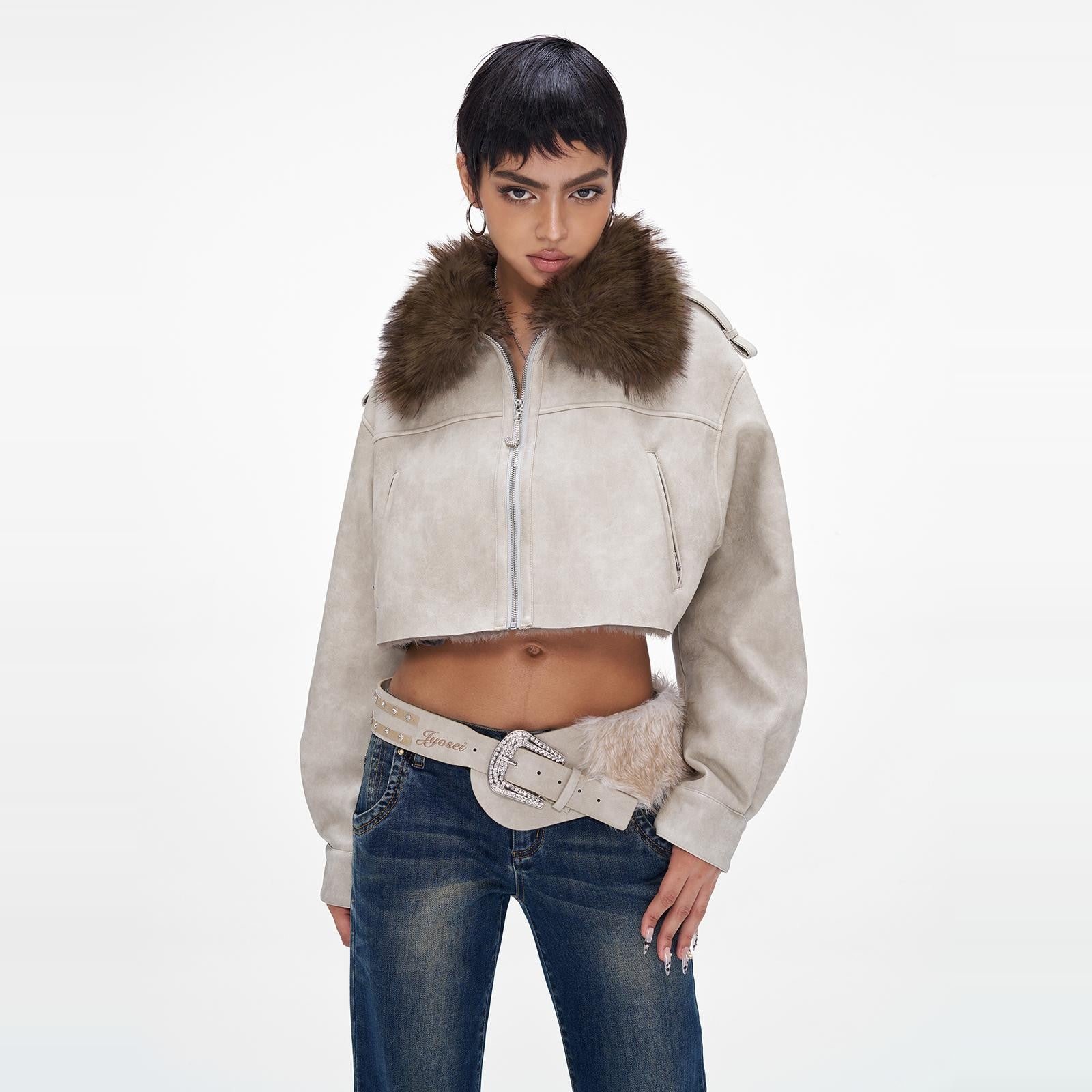 A woman wearing Fur collar Cropped Jacket.