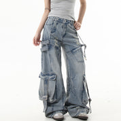 Ribbon Design Ripped Baggy Jeans