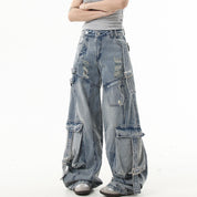 Ribbon Design Ripped Baggy Jeans