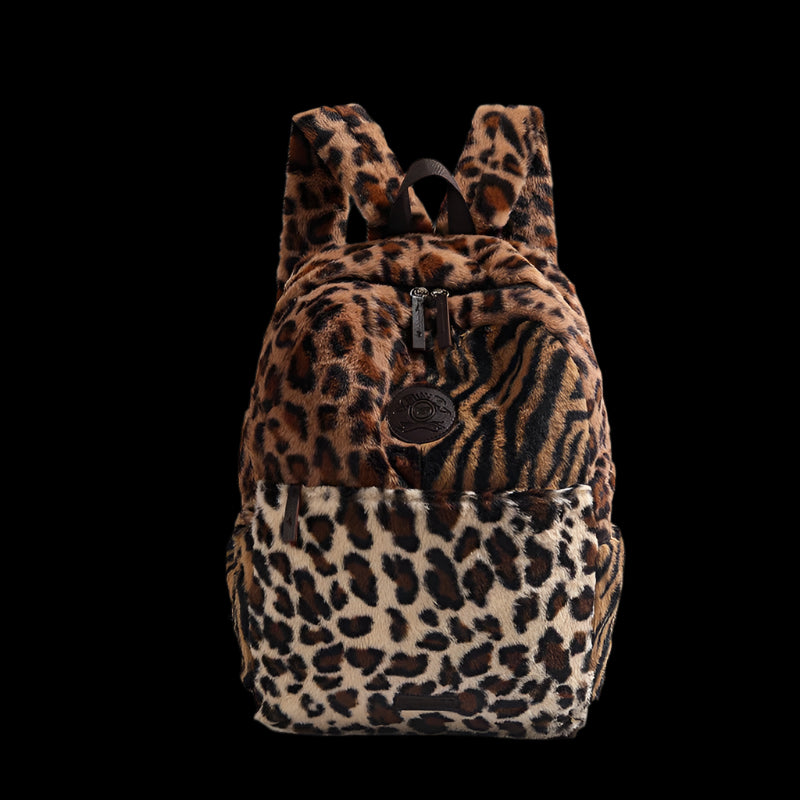 Limited Multi Leopard Print Plush Backpack with mixed animal patterns and front pocket