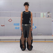 DND4DES Leopard Print Raw Baggy Denim Knife Jeans