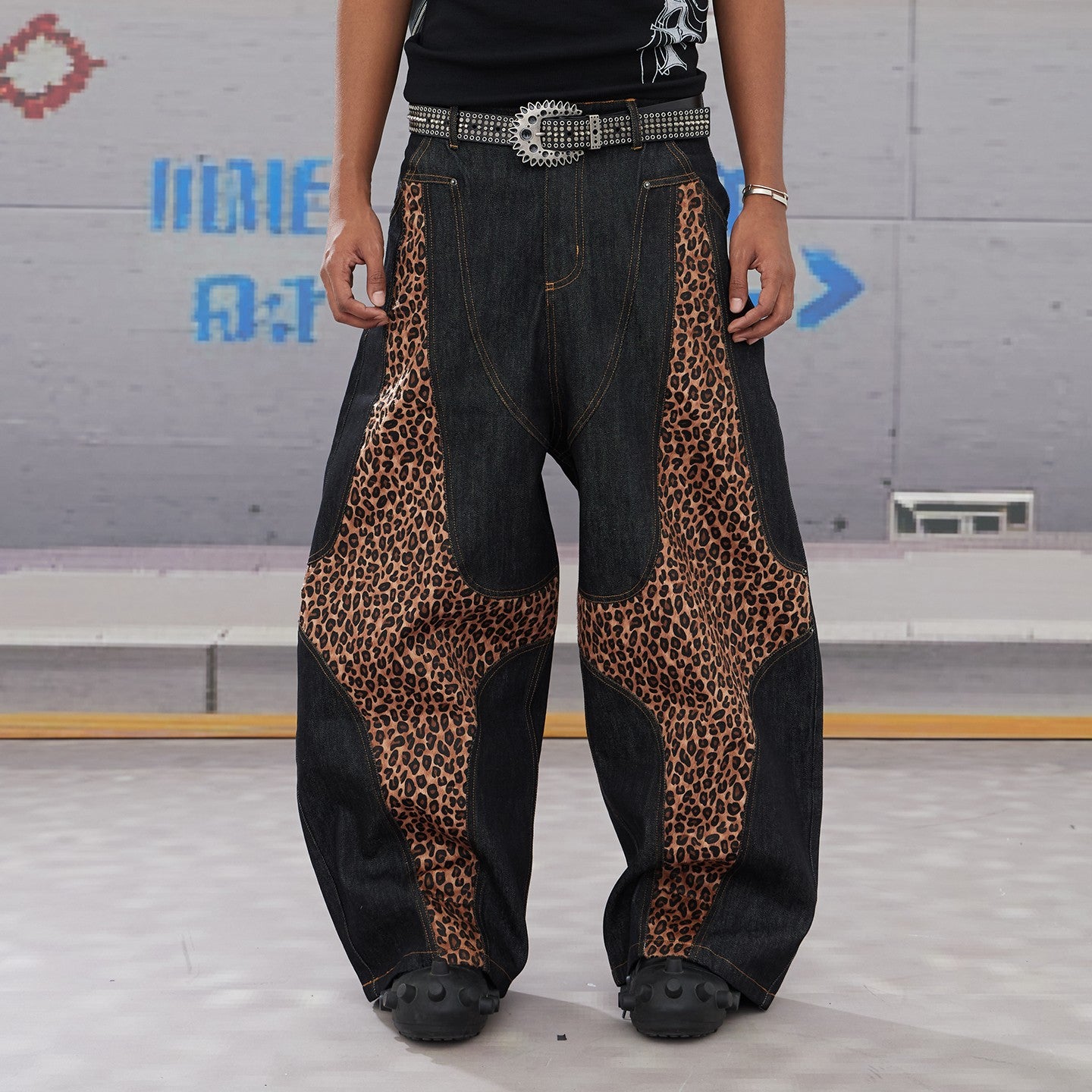 DND4DES Leopard Print Raw Baggy Denim Knife Jeans