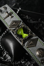 A green omnitrix bracelet being display in a horizontal angle.
