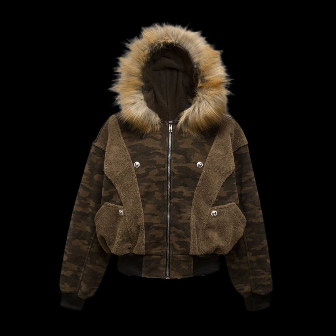 Camouflage Spliced Fur Hooded Fleece Jacket