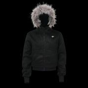 A black "Mens Faux Fur Hooded Jacket" with a grey faux fur-trimmed hood is displayed on a dark background.