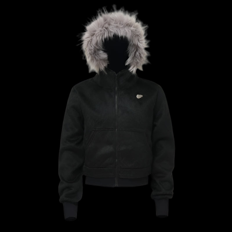 A black "Mens Faux Fur Hooded Jacket" with a grey faux fur-trimmed hood is displayed on a dark background.