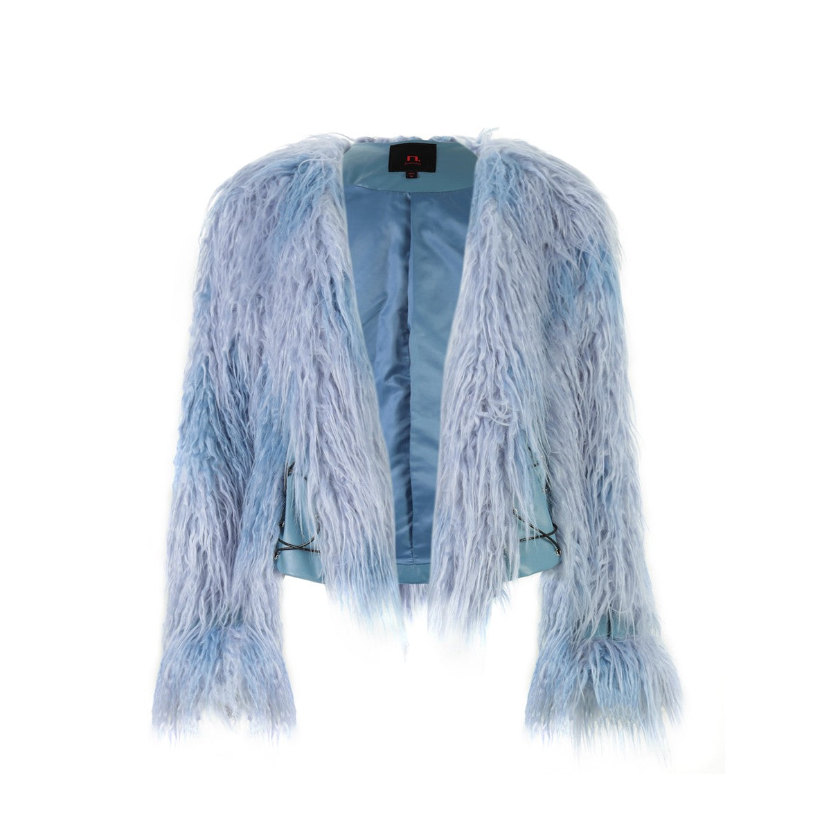 Women's Blue Fur Coat NOLA blue is displayed open, revealing its light blue satin lining, against a white background.