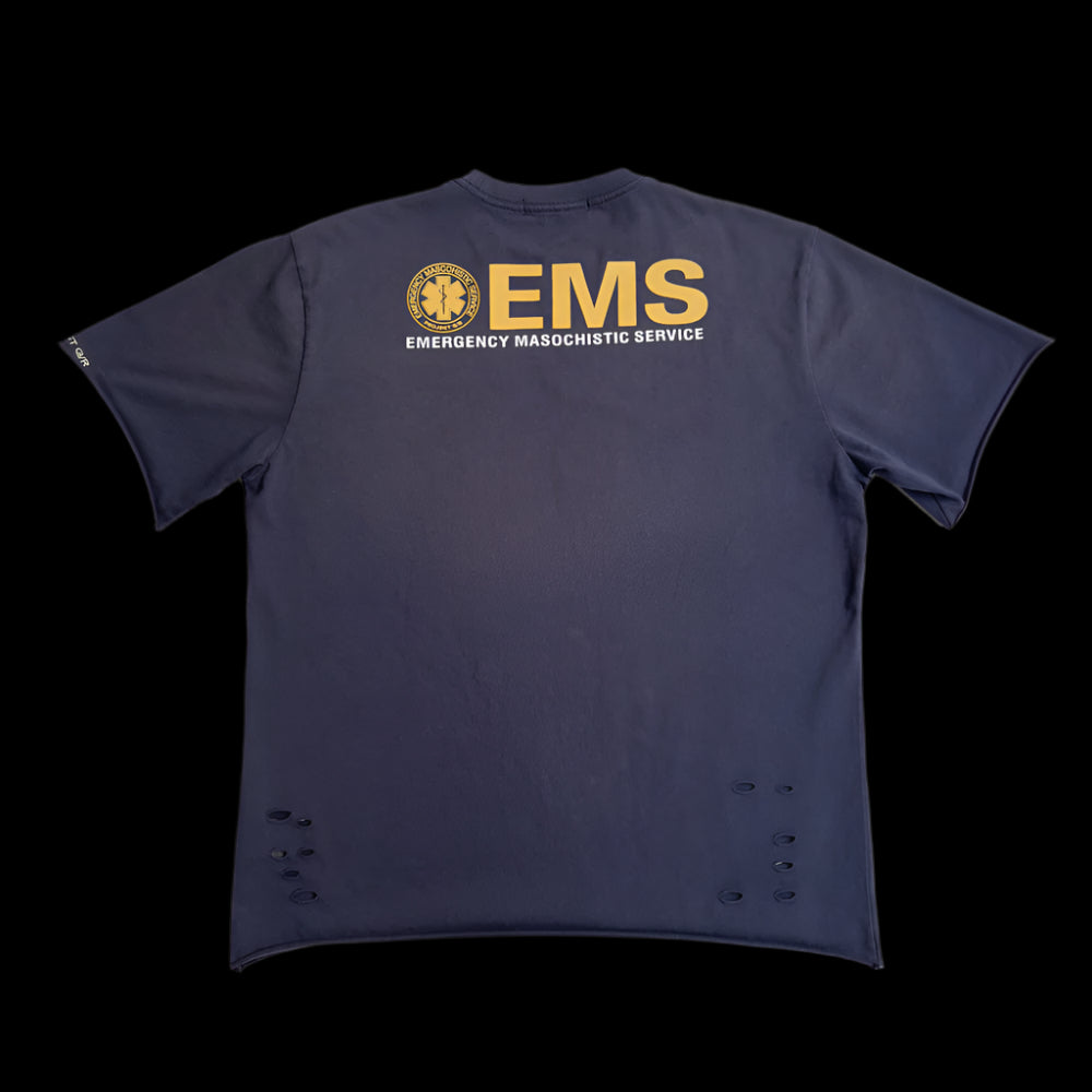 Dark blue "Masochist T-Shirt" with gold "EMS" and "EMERGENCY MASOCHISTIC SERVICE" text, and a circular emblem.