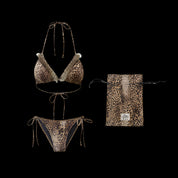 A Leopard Print Triangle Bikini with a matching drawstring pouch, displayed on a black background. 
