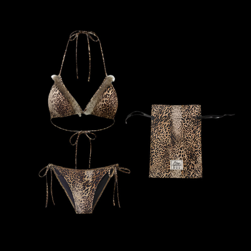 A Leopard Print Triangle Bikini with a matching drawstring pouch, displayed on a black background. 