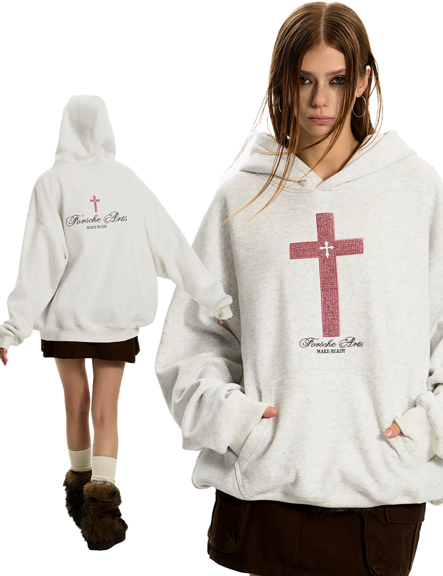 A dual image shows a front view of a woman wearing a light grey GOTHIC HOODIE for WOMEN with a red cross design, and a rear view of another woman in the same hoodie.