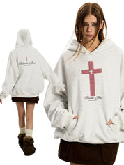 A dual image shows a front view of a woman wearing a light grey GOTHIC HOODIE for WOMEN with a red cross design, and a rear view of another woman in the same hoodie.
