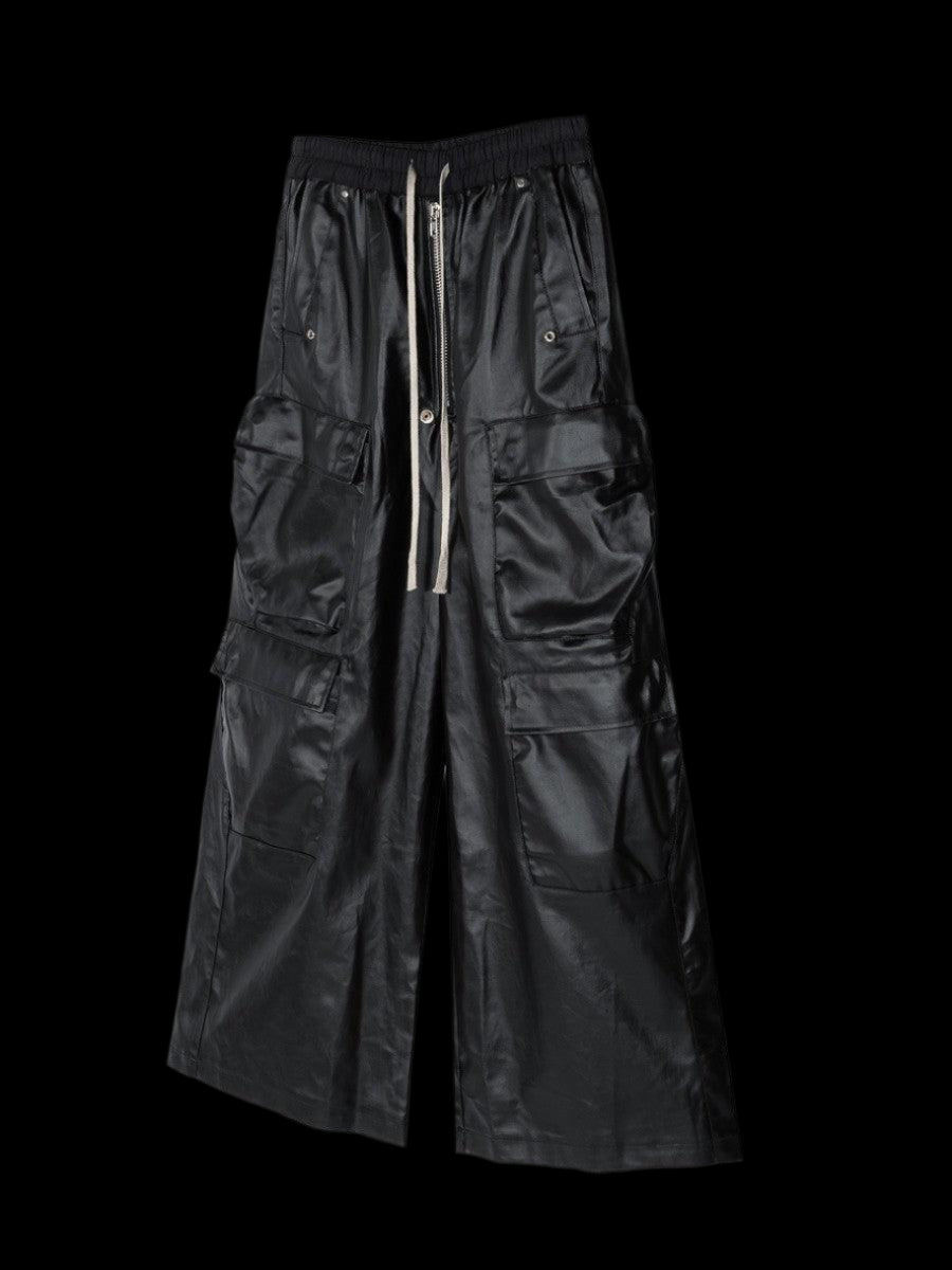 Genuine Leather Pants "Men" - RO Waxed Black Cargos Pants displaying a pair of dark, loose-fitting cargo pants.
