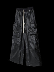 Genuine Leather Pants "Men" - RO Waxed Black Cargos Pants displaying a pair of dark, loose-fitting cargo pants.