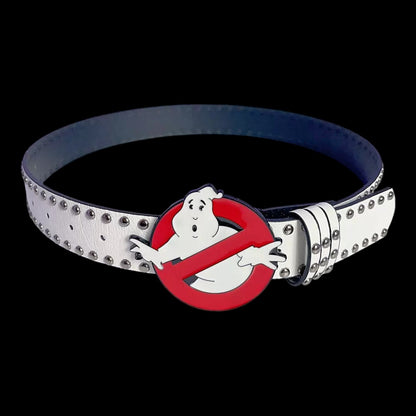 A shiny white studded belt is shown on a black background, featuring a bold Ghost Buster Belt buckle with the classic ghost-in-a-no-symbol logo.